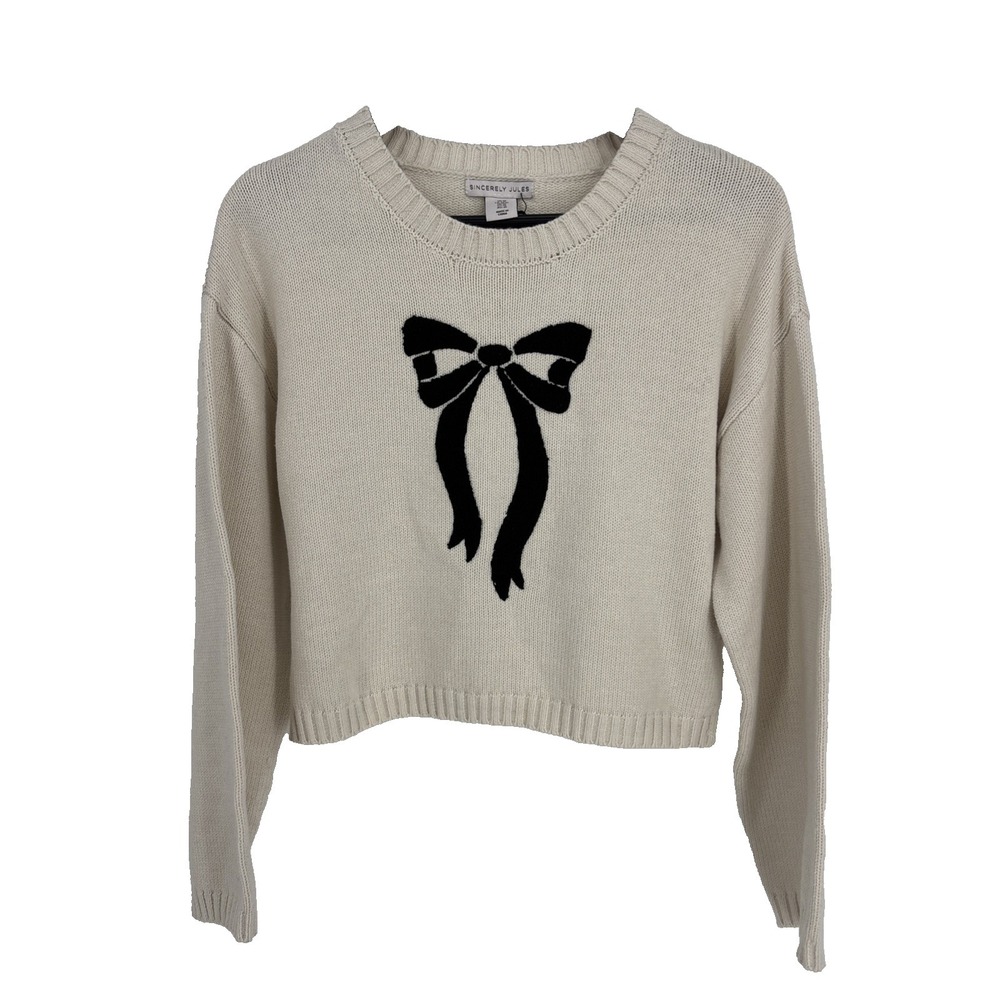 NWT Sincerely Jules Sweater Medium Cream Knit Pullover Black Bow Preppy Fairy